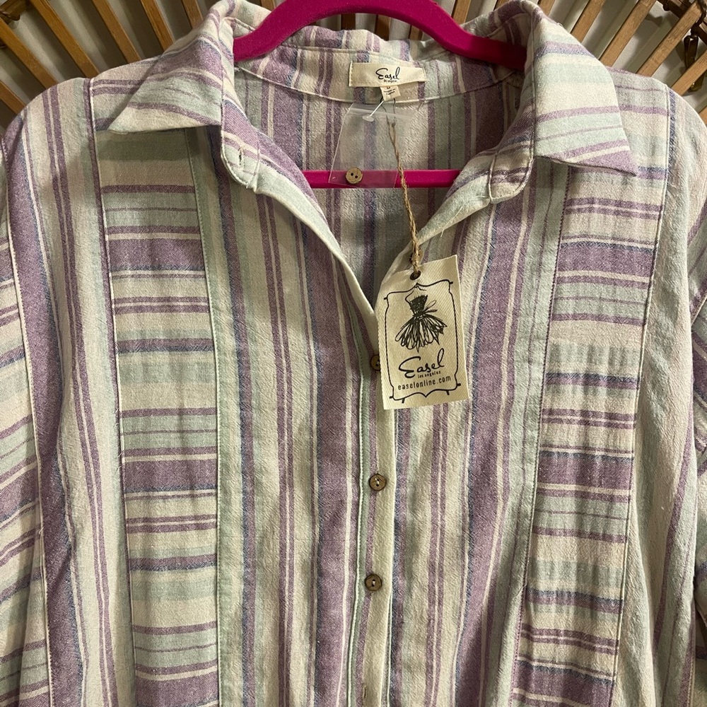 Easel Long Sleeve Linen Blend Purple White Button Up Tunic Dress Boho Beach - Picture 4 of 16